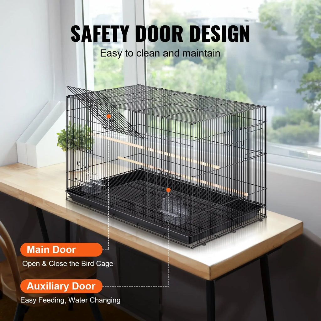 30 inch black metal bird flight cage with safety door design wooden perches and rolling stand for pet birds