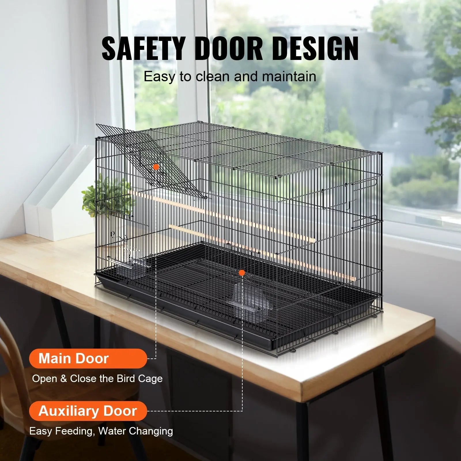 30 inch black metal bird flight cage with safety door design wooden perches and rolling stand for pet birds