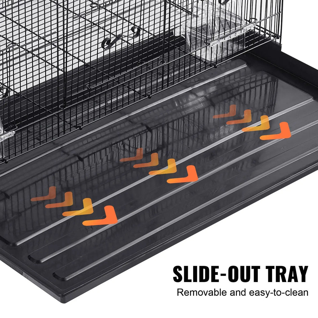 Black plastic slide-out tray with orange directional arrows on 30 inch bird flight cage with rolling stand