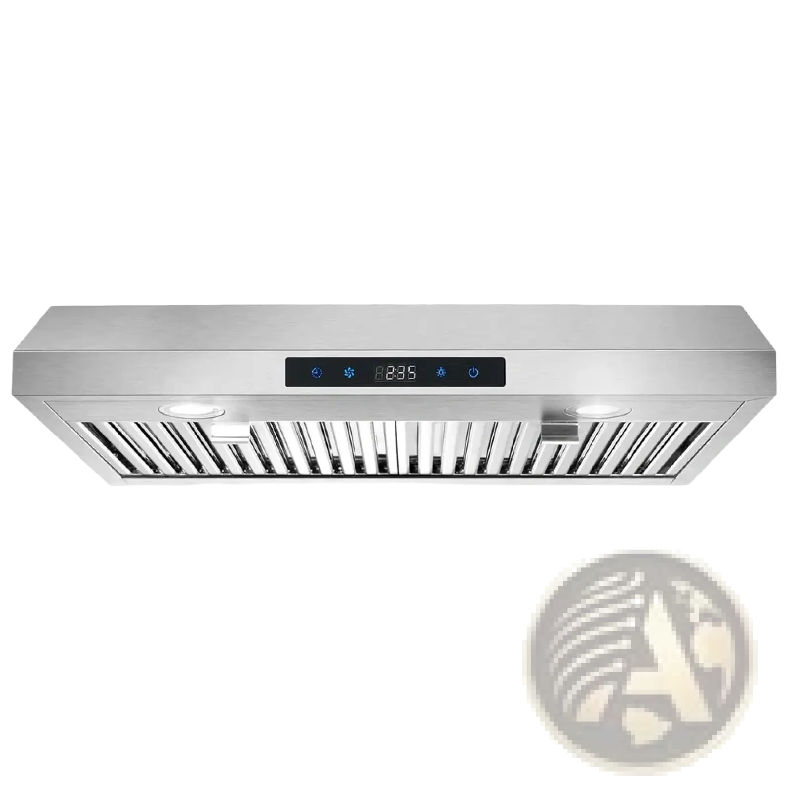 Stainless steel black 30 inch range hood with digital display and illuminated controls for under cabinet venting