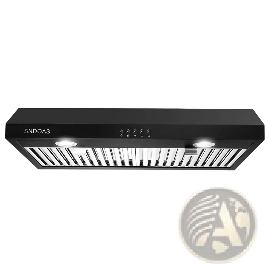 30 inch black range hood with 600cfm under cabinet vent led and stainless steel vent grille in sleek modern design