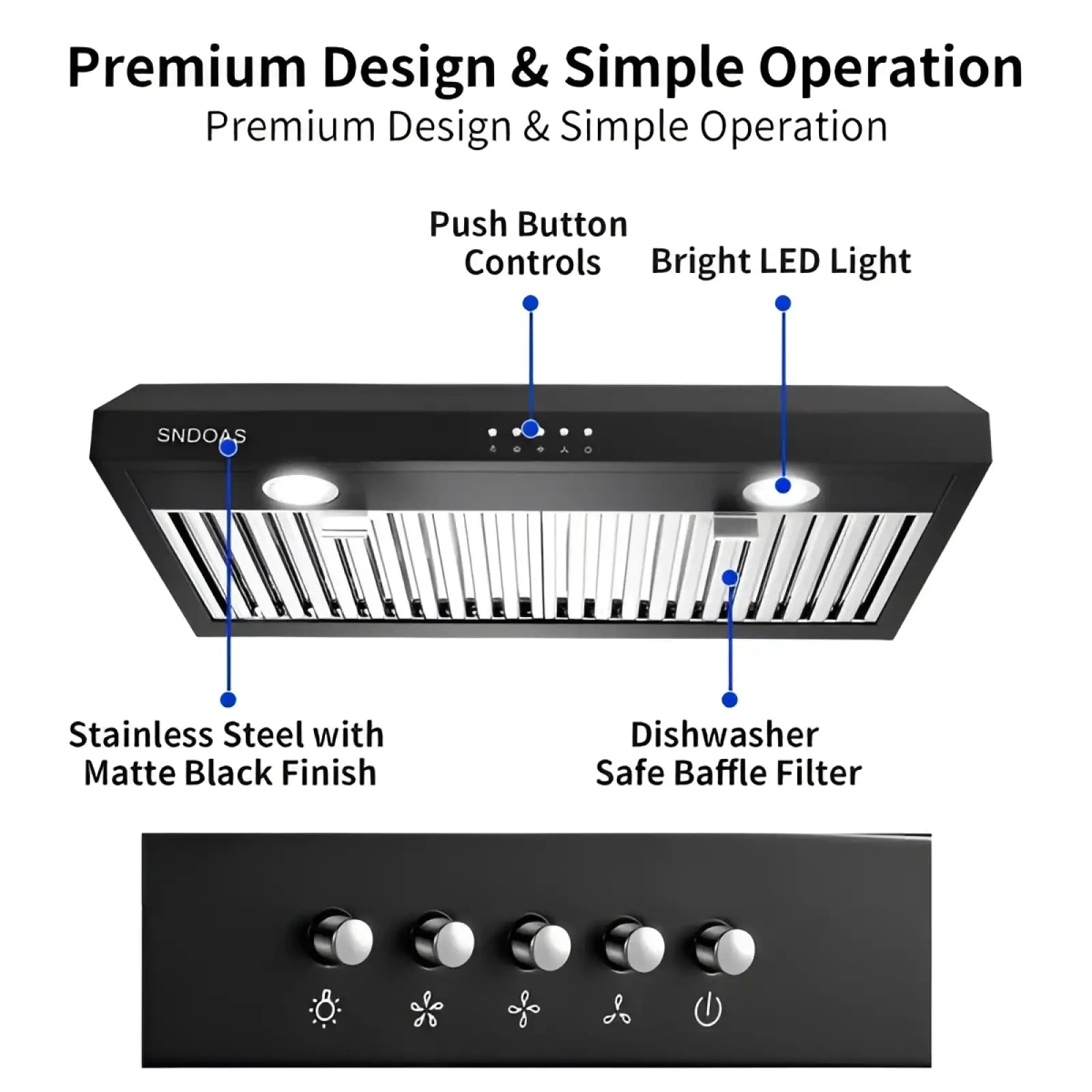 30 inch black stainless steel range hood with matte black finish and dishwasher safe baffle filter under cabinet vent
