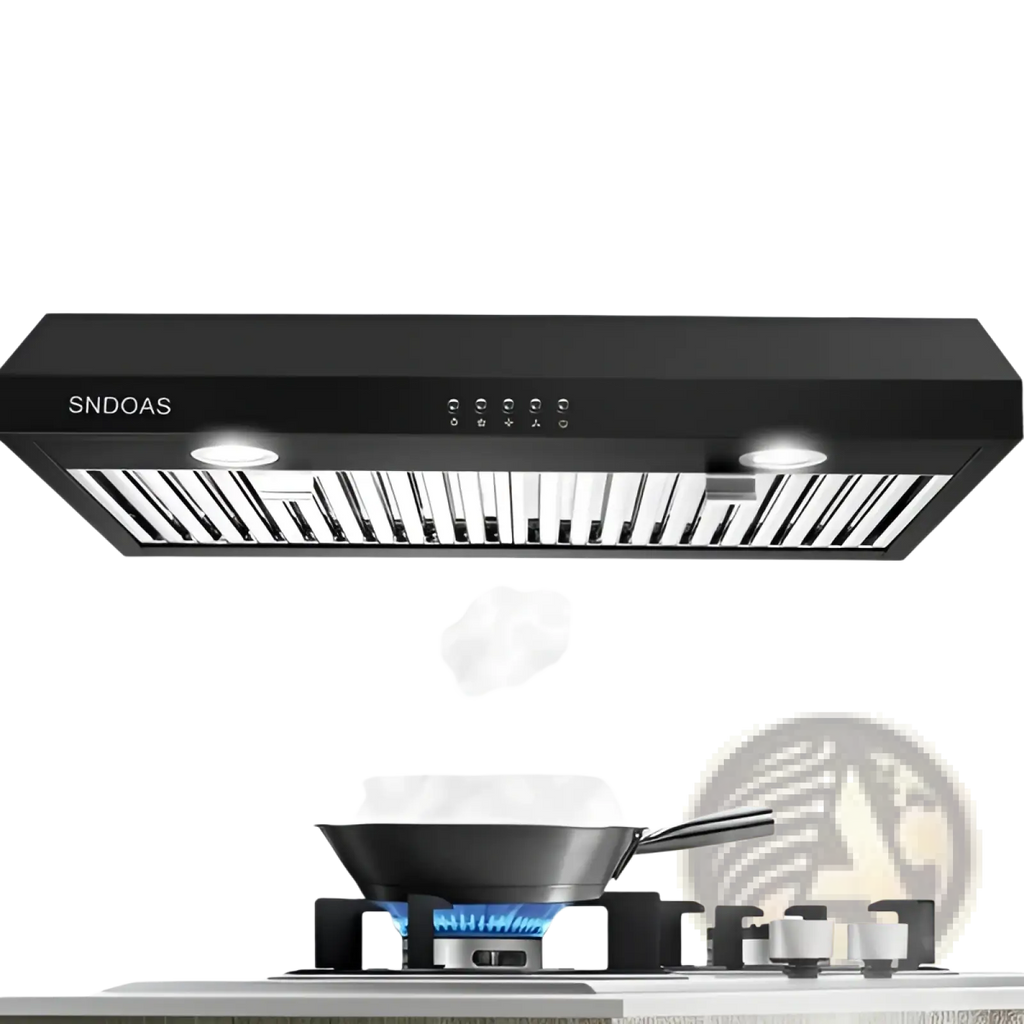 30 inch black under cabinet range hood with sleek design integrated led lights 600cfm above gas stove