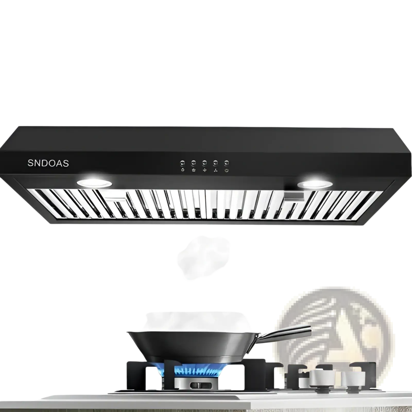 30 inch black under cabinet range hood with sleek design integrated led lights 600cfm above gas stove