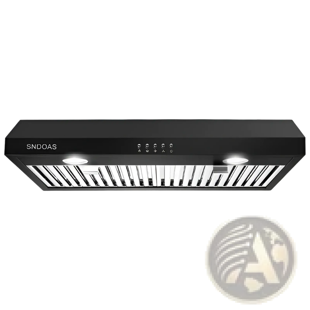 30 inch black range hood with stainless steel vent grille and integrated led lights for under cabinet venting