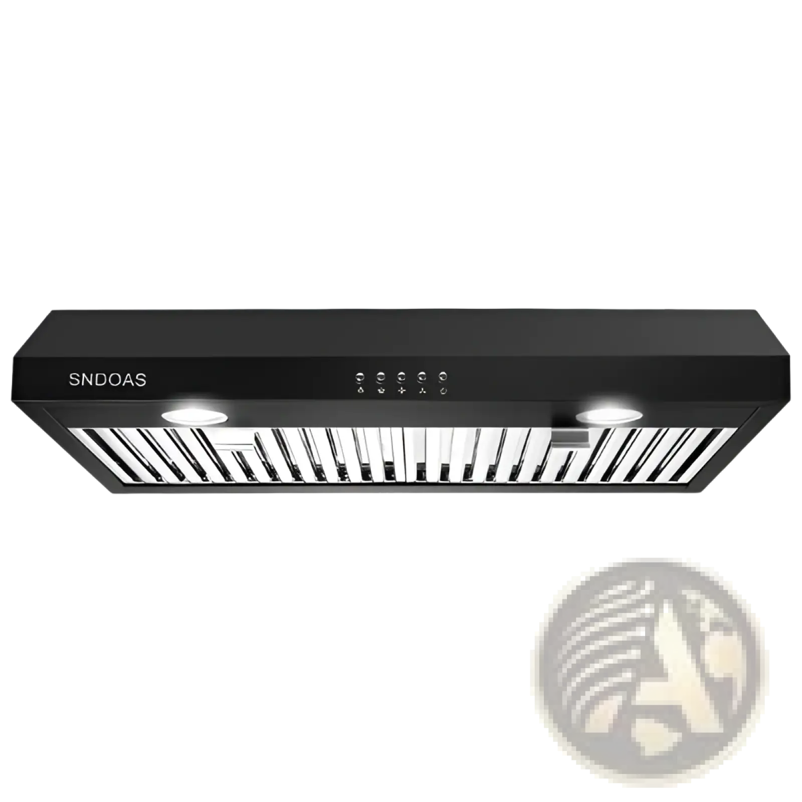 30 inch black range hood with stainless steel vent grille and integrated led lights for under cabinet venting