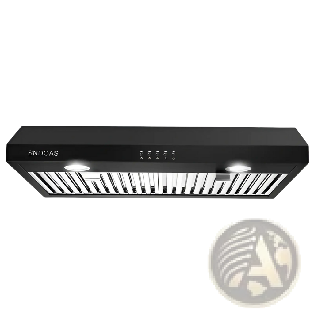 30 inch black range hood with 600 cfm under cabinet vent and stainless steel grille in sleek modern design