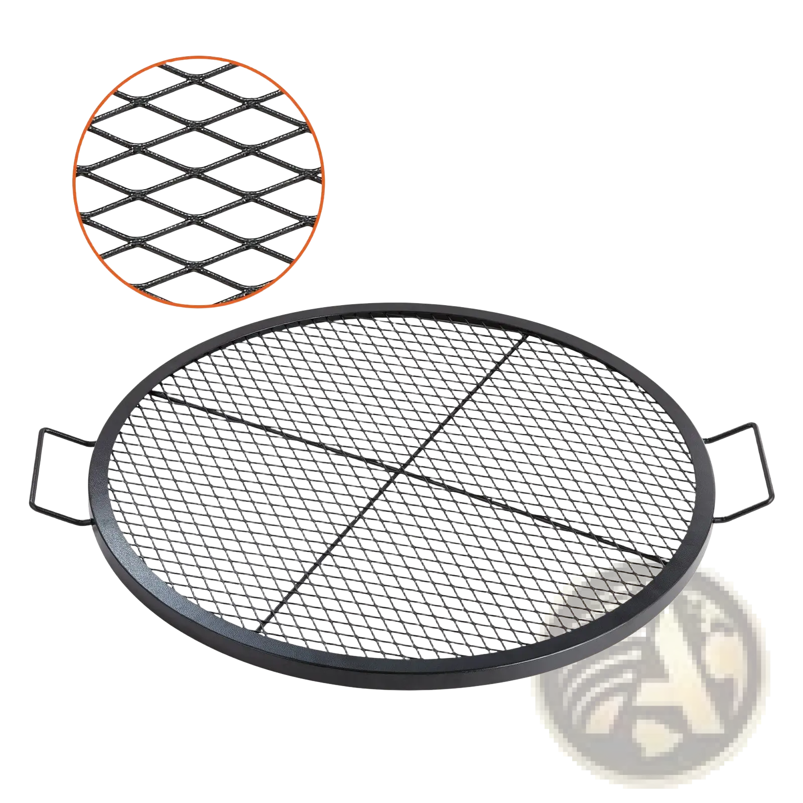 Black oval metal fire pit grate with diamond-patterned mesh and side handles for 30 inch steel cooking grill grate