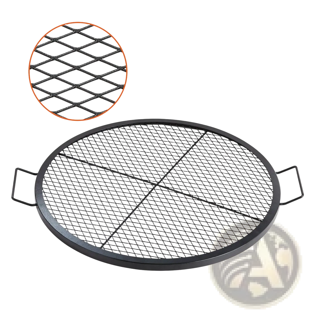 Black oval metal fire pit grate with diamond-patterned mesh and side handles for 30 inch steel cooking grill grate