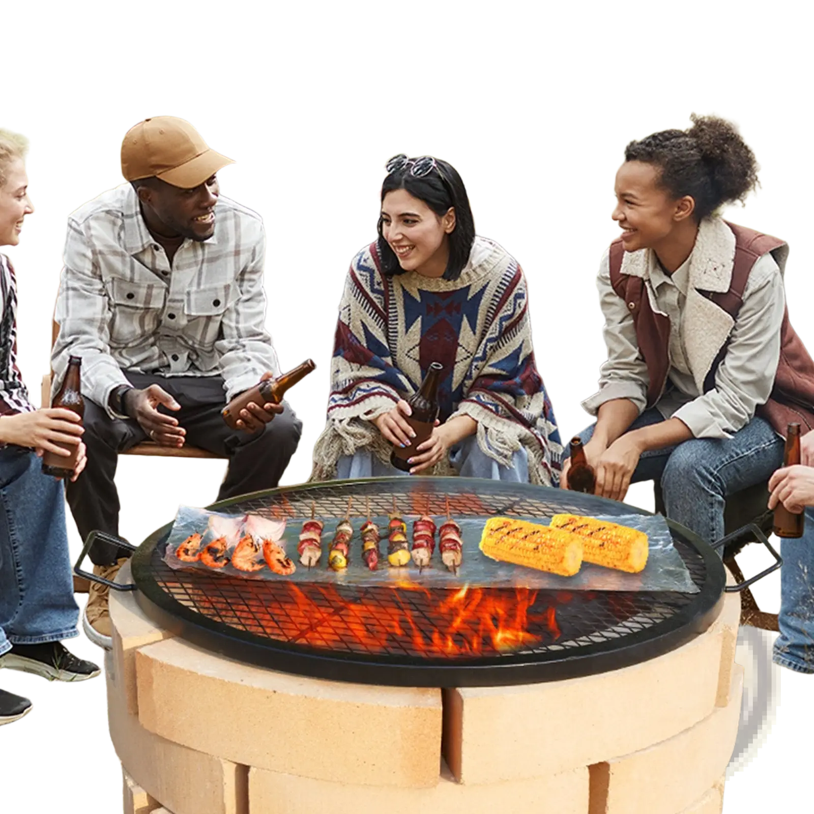 Black round steel grill grate with fire and food on it for 30 inch fire pit cooking mesh