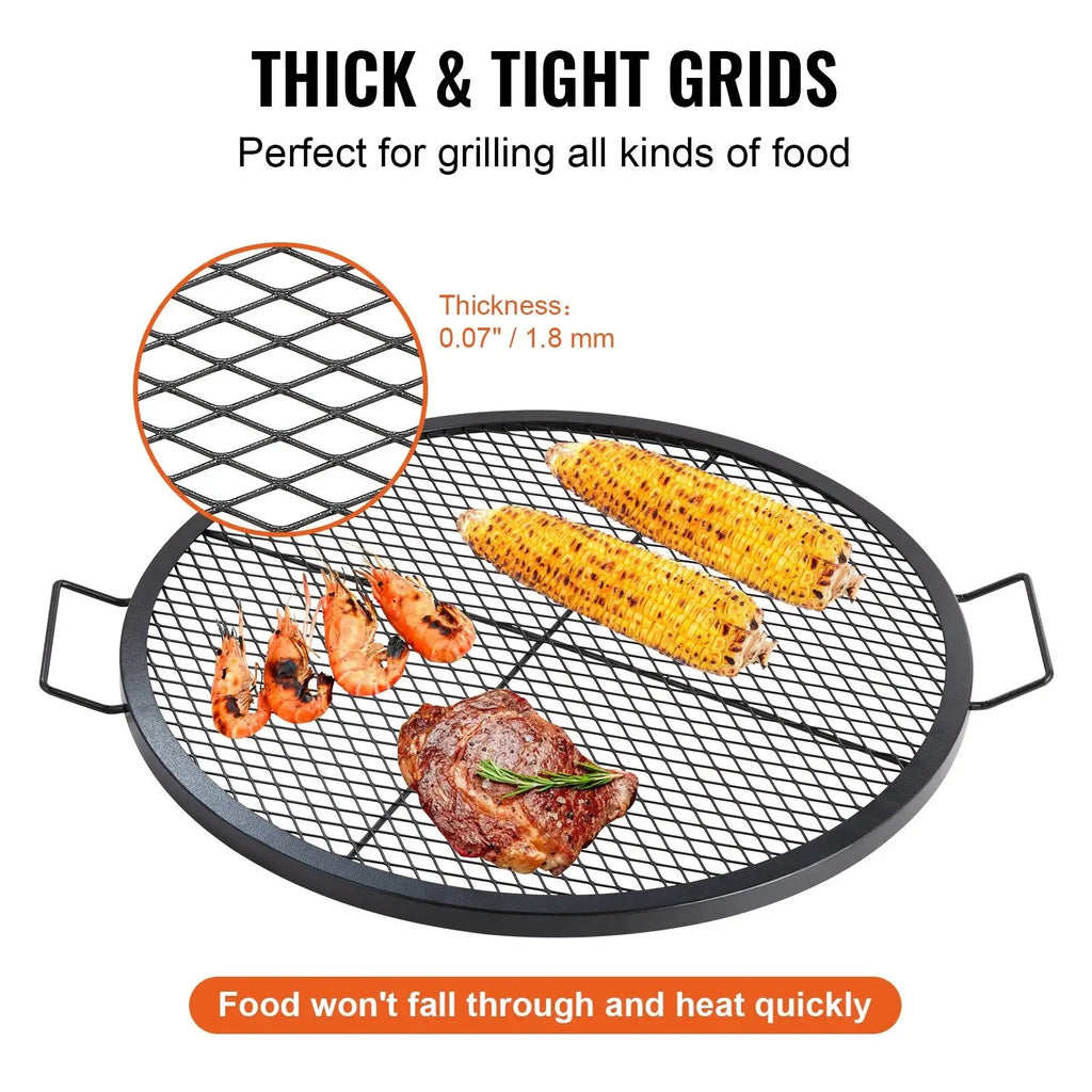Black oval 30 inch fire pit grill grate with thick tight diamond steel mesh for even heat distribution cooking