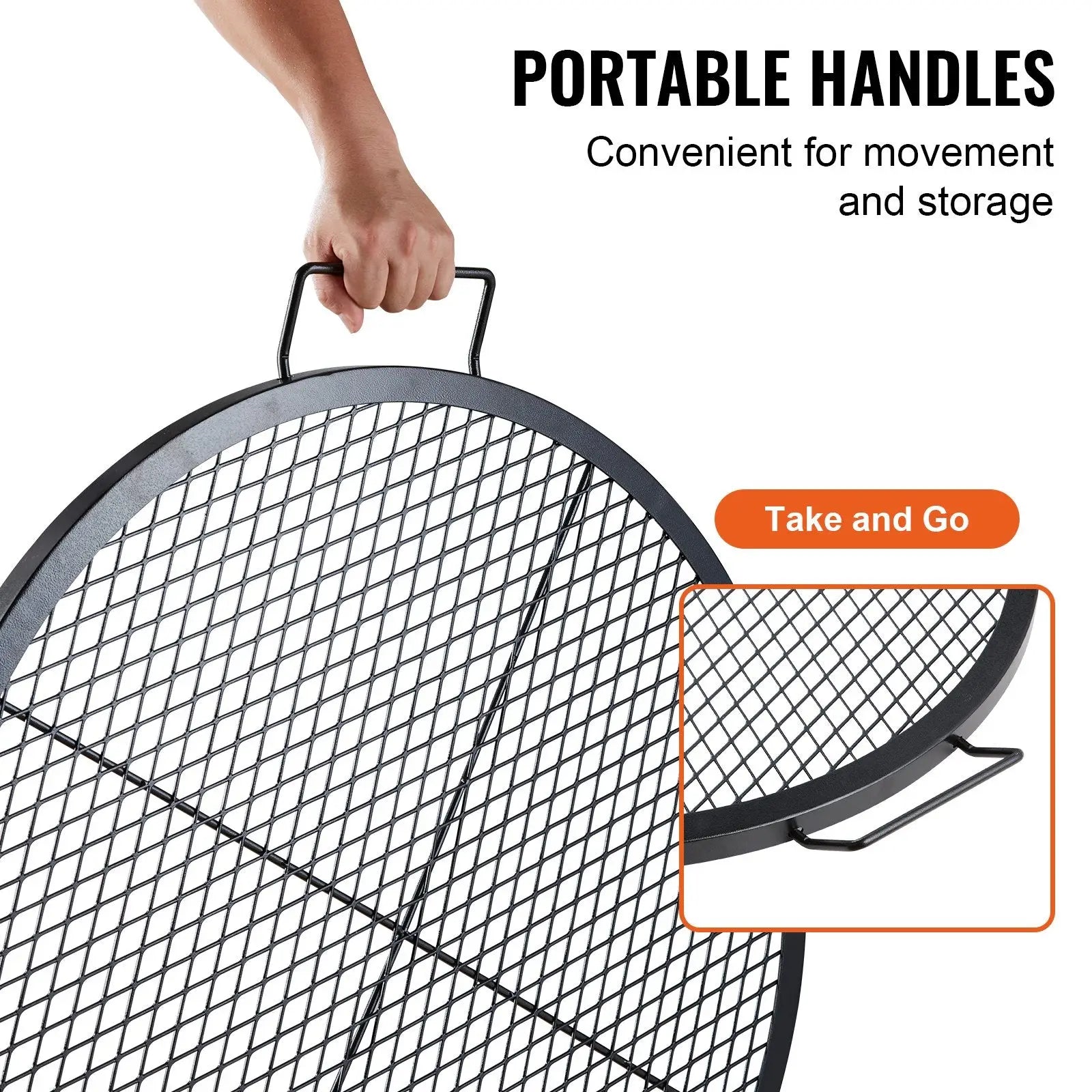 30 inch fire pit grill grate round black steel mesh with portable handles for easy movement and storage
