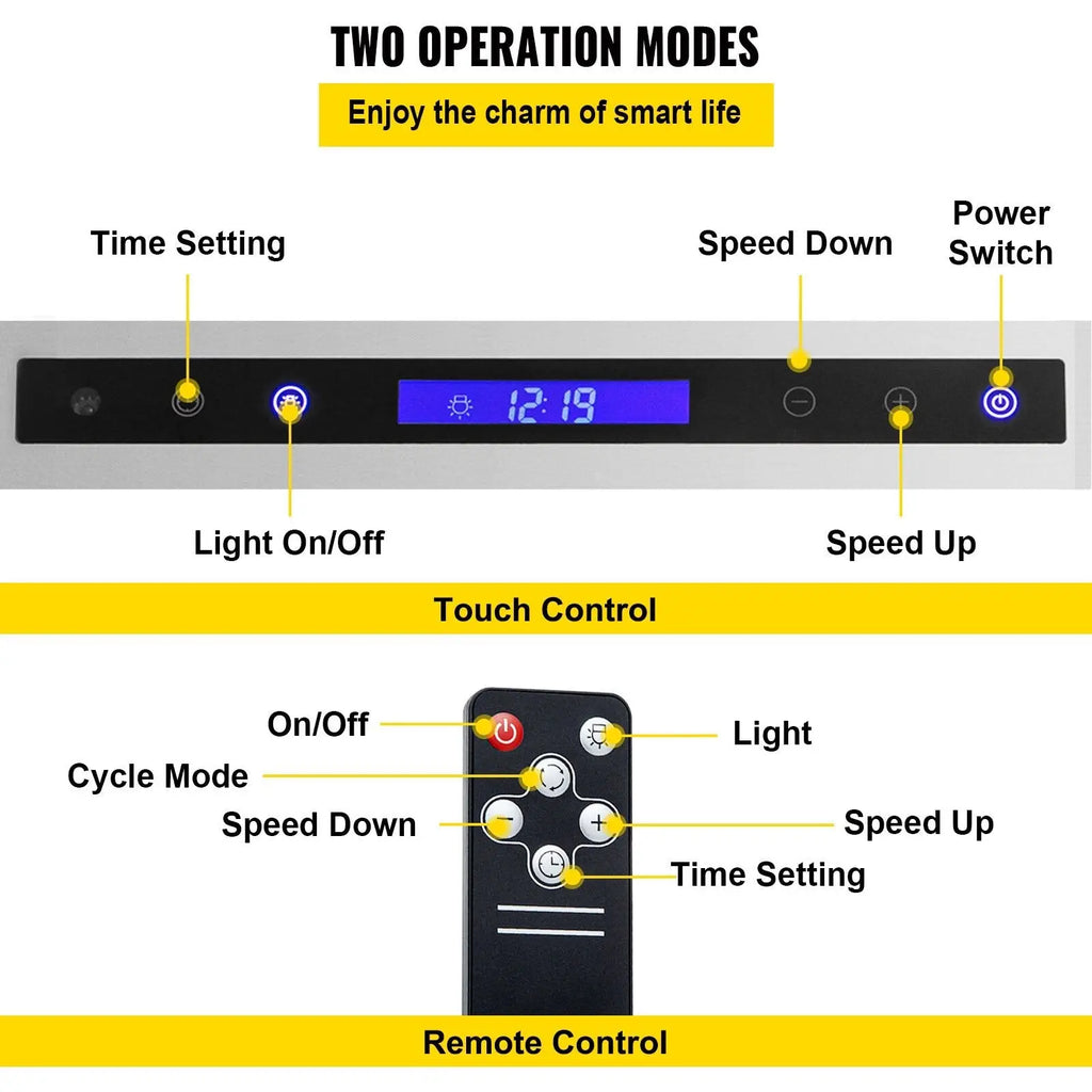 Black remote control with circular buttons for light speed and time settings for 30 inch stainless steel range hood