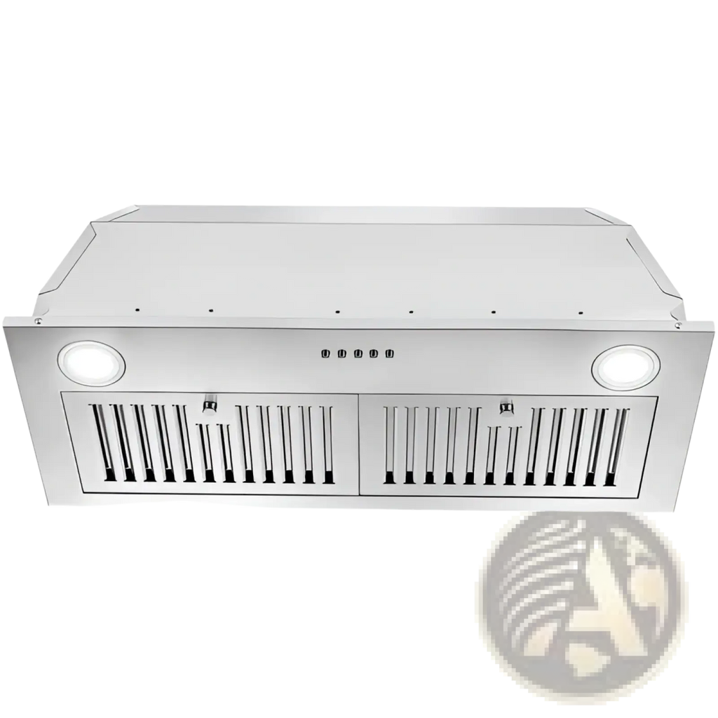 Stainless steel 30 inch range hood insert with 600cfm vent featuring two circular lights and vertical slats on front
