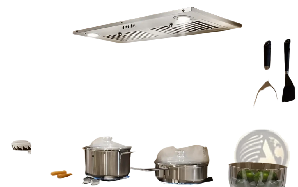 Silver stainless steel 30 inch range hood insert with integrated lights and dual exhaust vents 600cfm ventilation