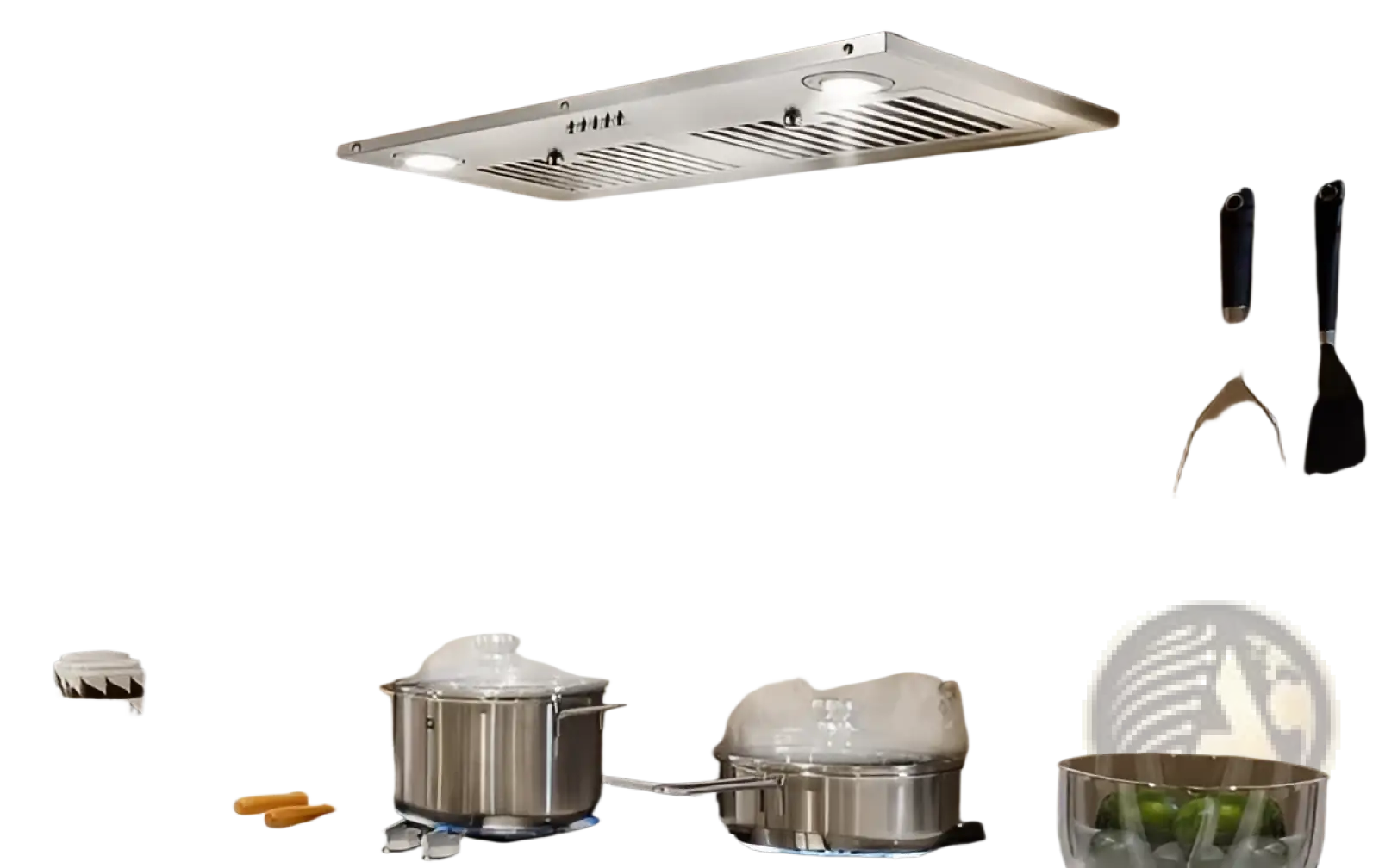 Silver stainless steel 30 inch range hood insert with integrated lights and dual exhaust vents 600cfm ventilation