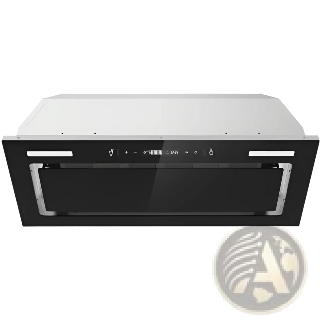 Black and stainless steel 30 inch range hood insert with 800 cfm black glass vent fan and minimalist design