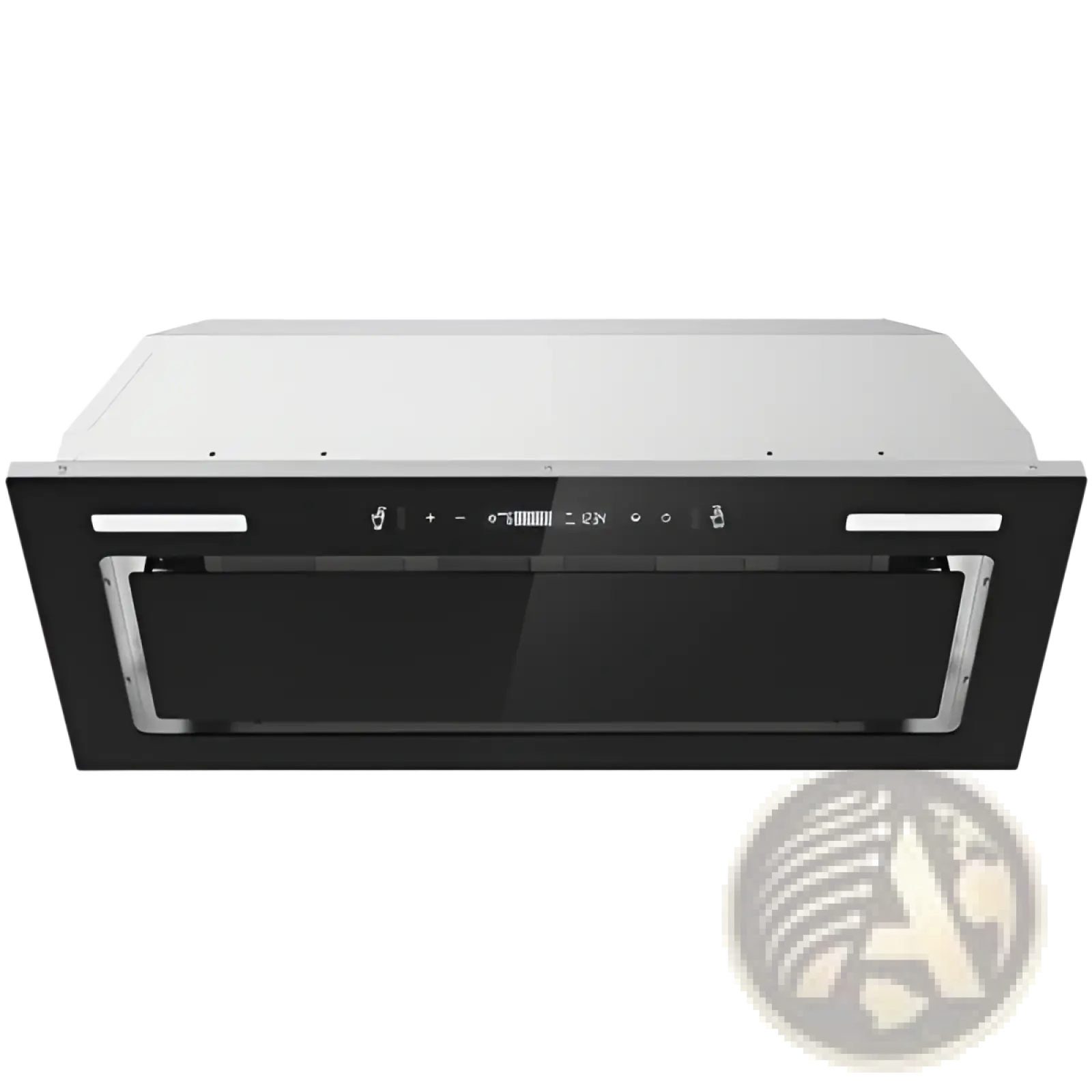Black and stainless steel 30 inch range hood insert with 800 cfm black glass vent fan and minimalist design