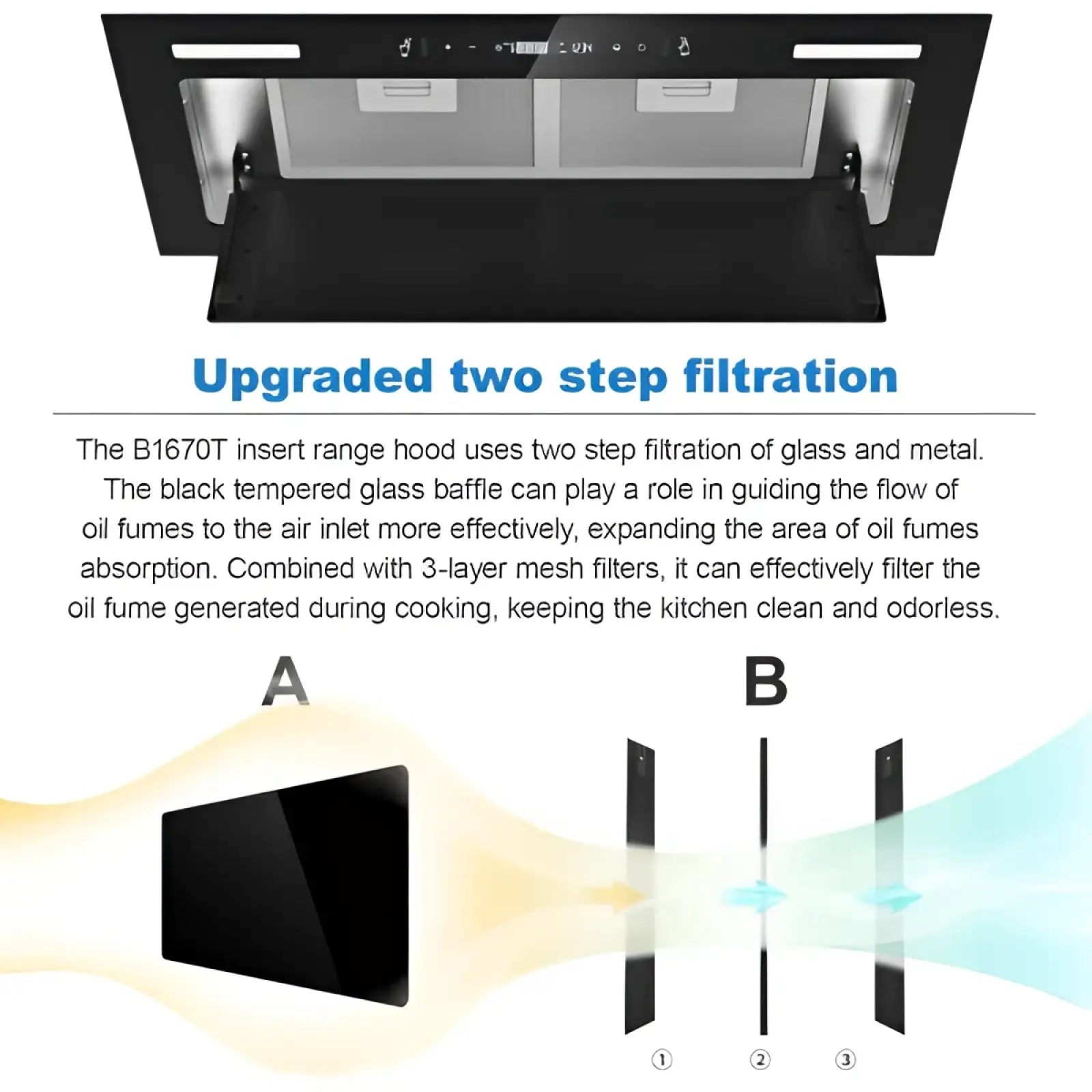 Black tempered glass baffle with modern design for upgraded two-step filtration in 30 inch range hood insert 800 cfm