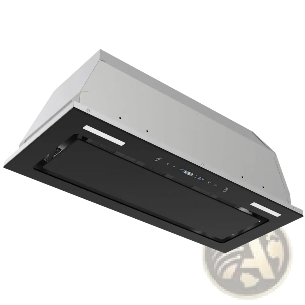 Modern 30 inch range hood insert in black glass and stainless steel with sleek angular design and 800 cfm vent fan