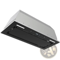 Modern 30 inch range hood insert in black glass and stainless steel with sleek angular design and 800 cfm vent fan