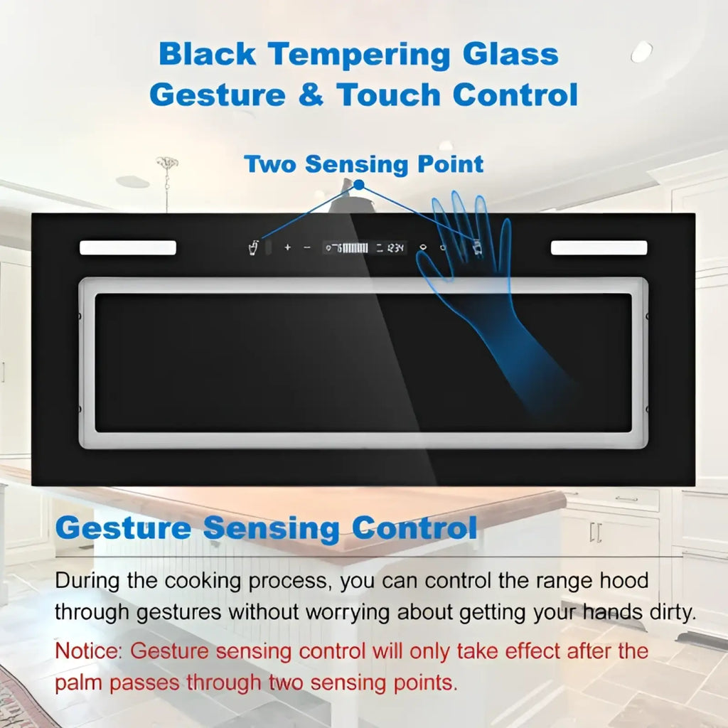 Black tempered glass 30 inch range hood insert with 800 cfm vent fan and touch gesture control panel