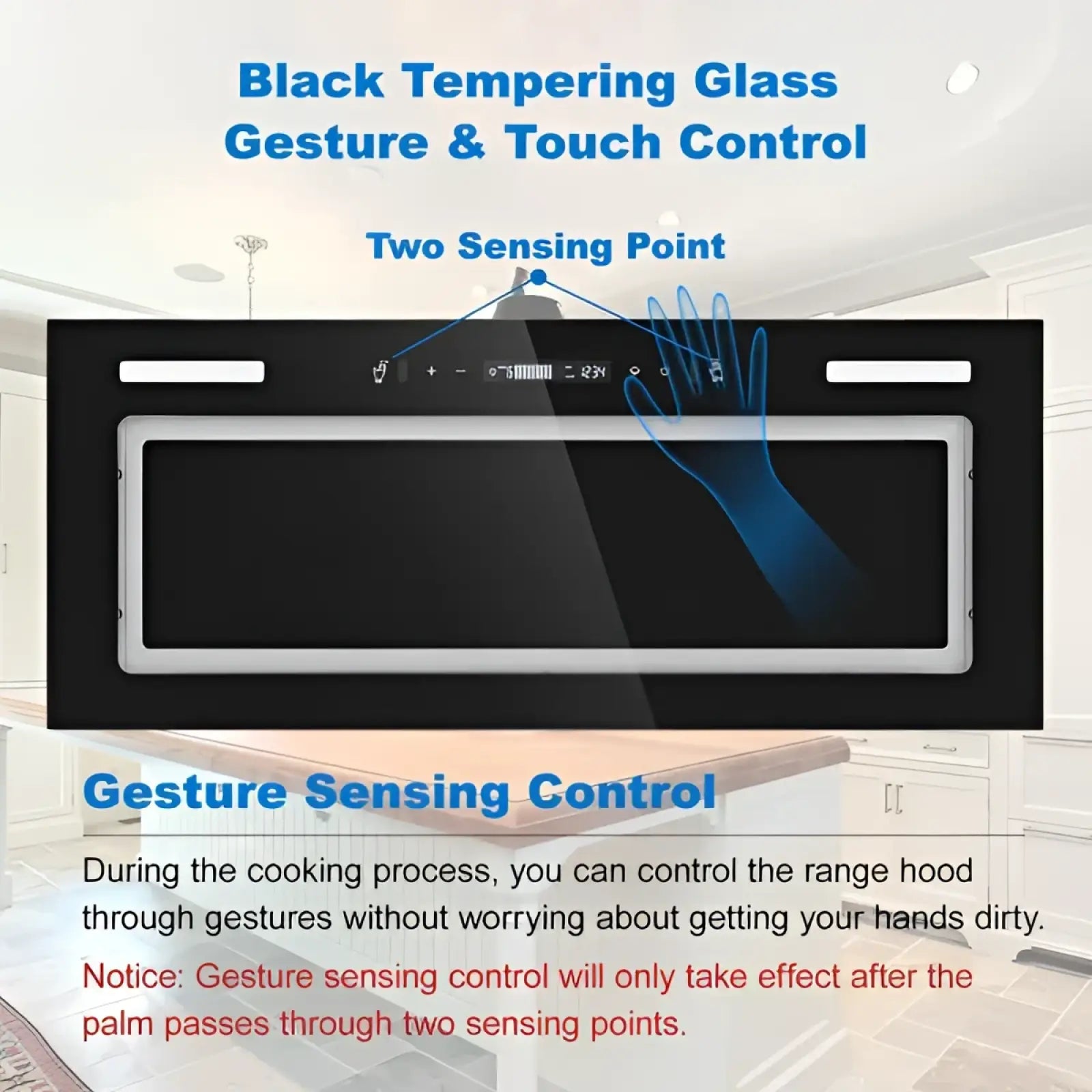 Black tempered glass 30 inch range hood insert with 800 cfm vent fan and touch gesture control panel
