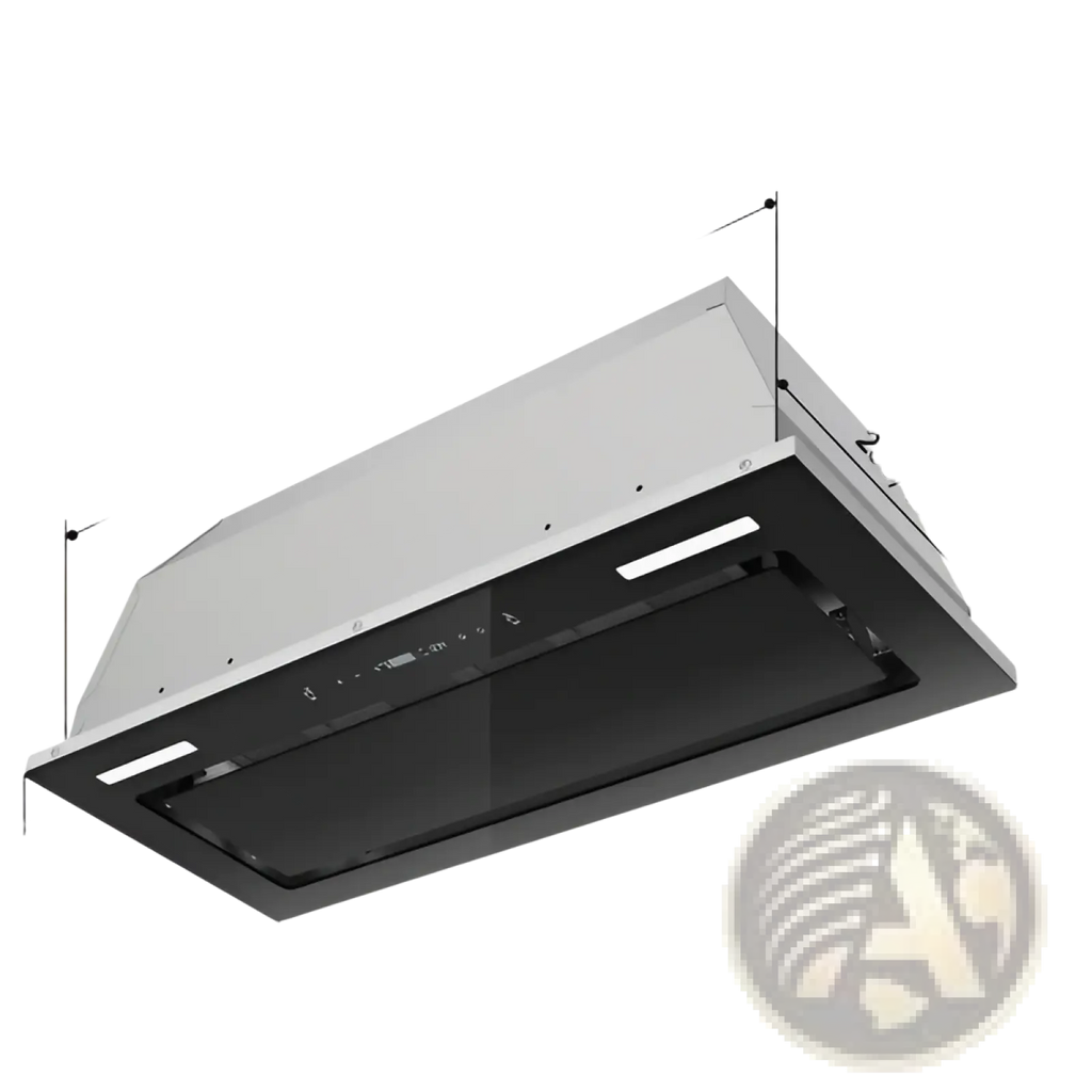 30 inch range hood insert with 800 cfm black glass vent fan featuring modern stainless steel and digital controls