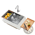 30 inch stainless steel undermount workstation sink with wooden rim and integrated wire rack for kitchen use
