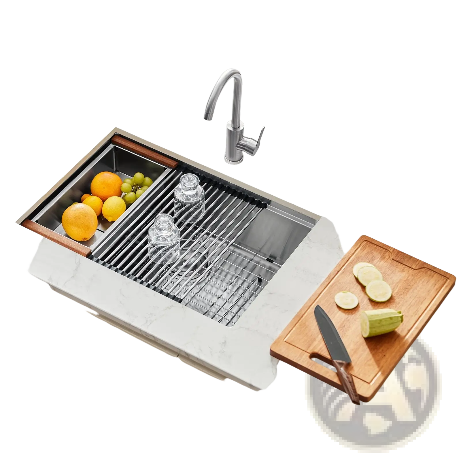 30 inch stainless steel undermount workstation sink with wooden rim and integrated wire rack for kitchen use