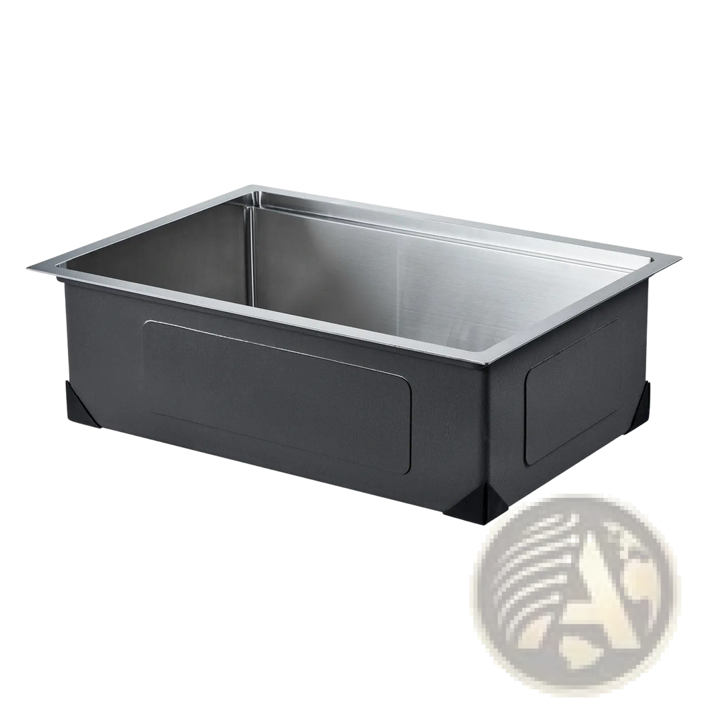 30 inch stainless steel undermount workstation sink with rectangular shape black plastic base and reinforced corners