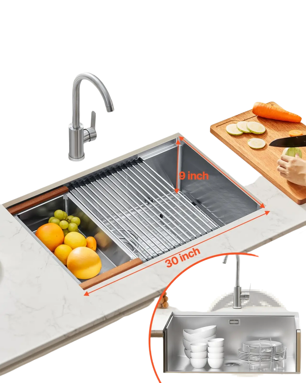 30 inch stainless steel undermount workstation sink with 9 inch deep basin wooden edges and built-in wire rack