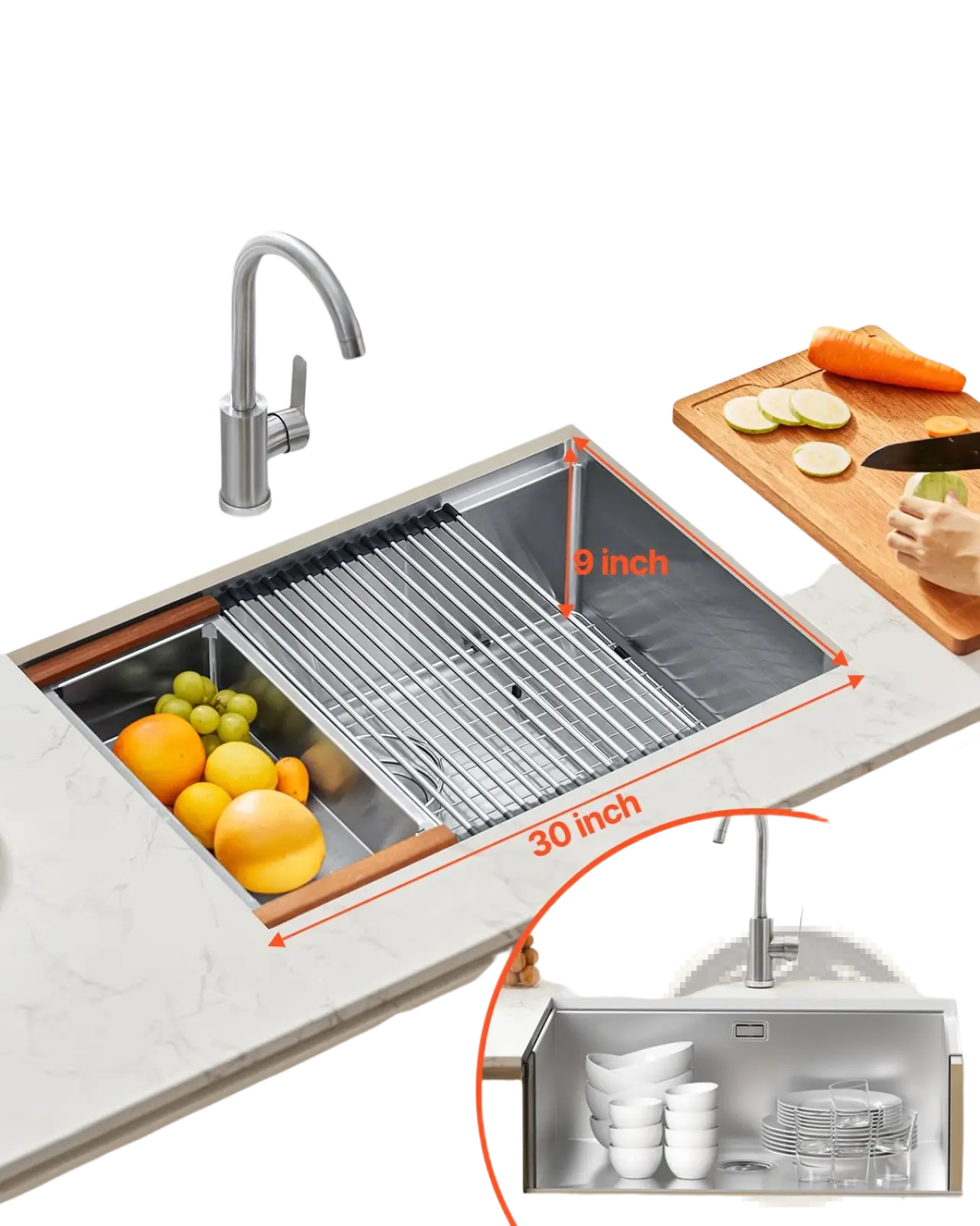 30 inch stainless steel undermount workstation sink with 9 inch deep basin wooden edges and built-in wire rack