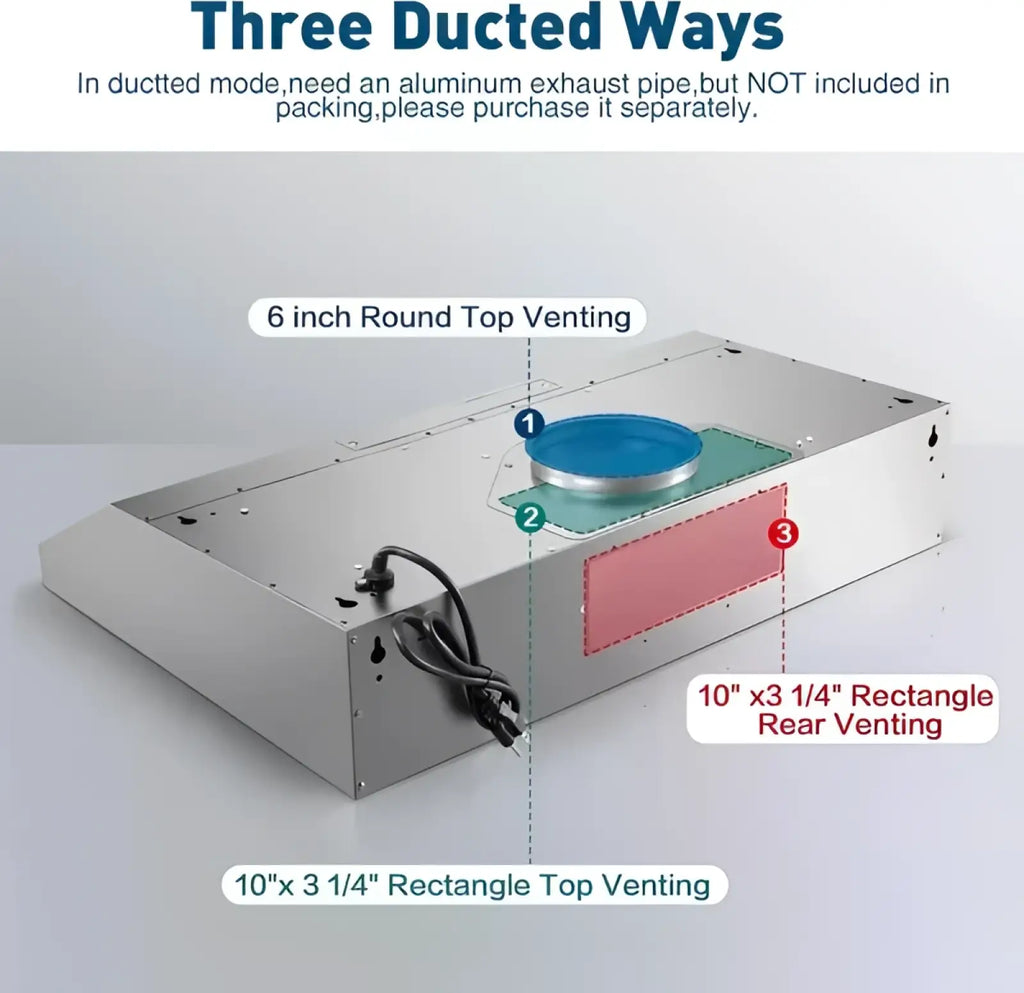 30 inch under cabinet range hood stainless steel with silver rectangular body 6 inch top vent and rear vent back view