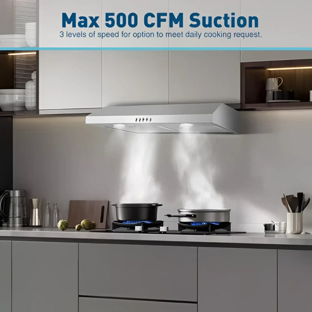 Silver stainless steel 30 inch under cabinet range hood with sleek modern design and integrated lighting 500 cfm capacity