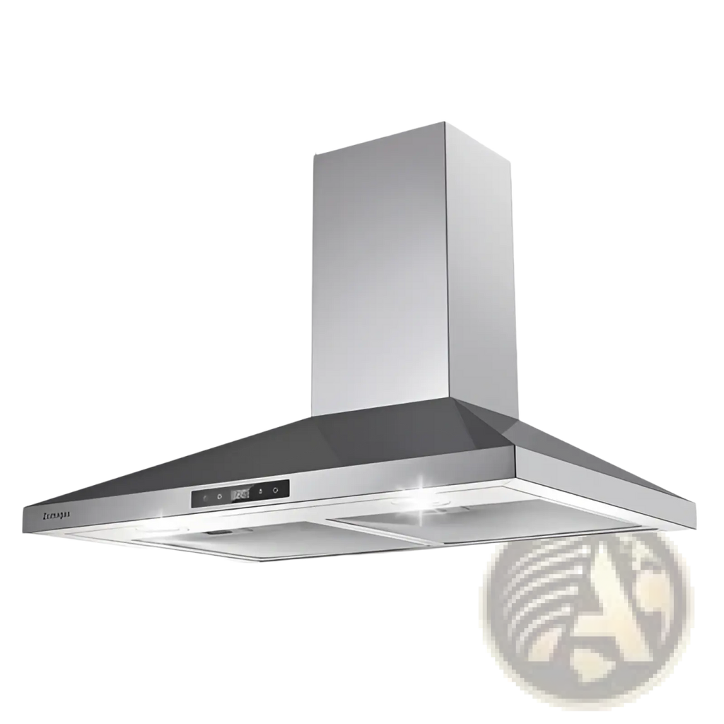 30 inch wall mount range hood in stainless steel with sleek modern design and digital control panel generating 450 cfm