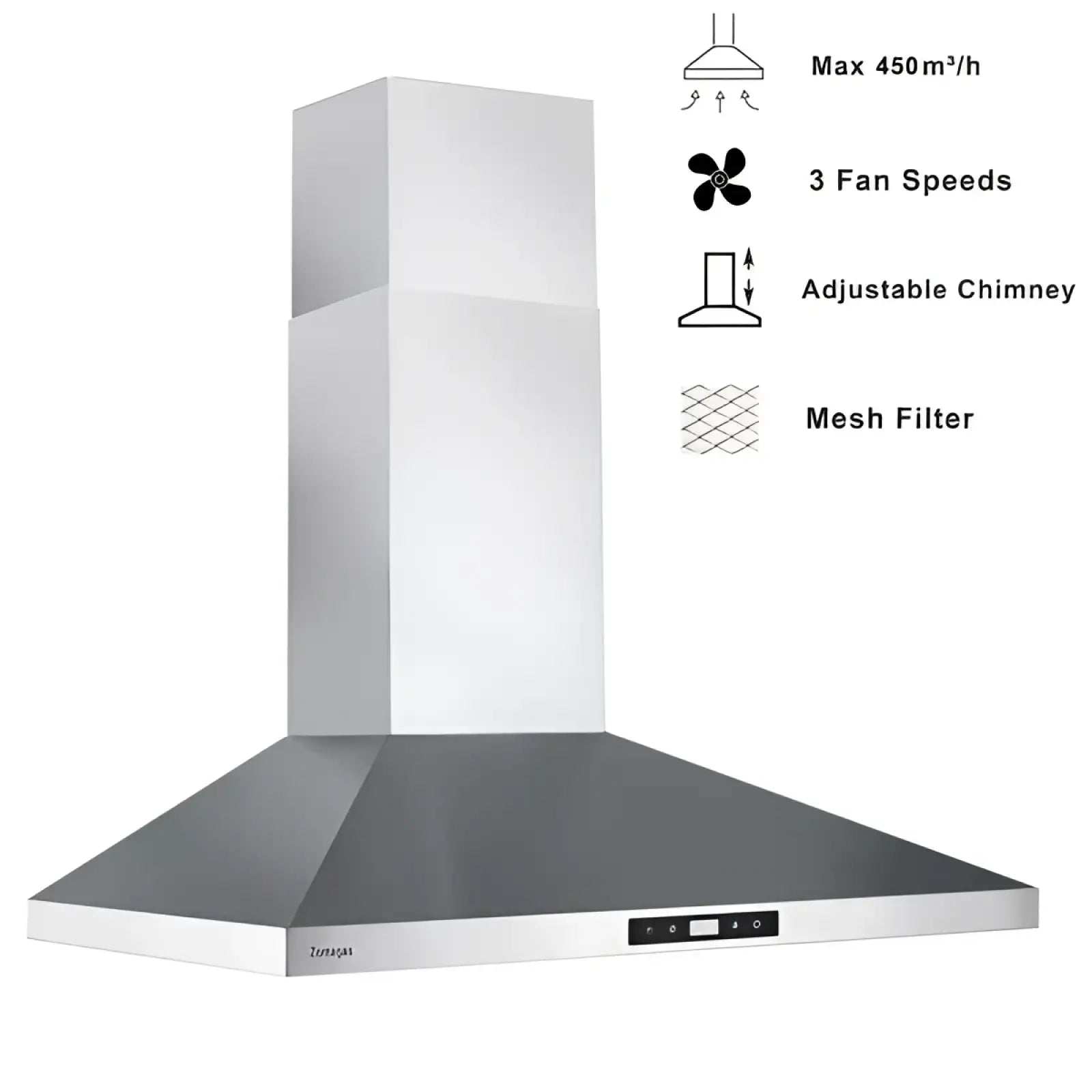30 inch wall mount range hood in stainless steel with sleek modern design and adjustable chimney for kitchen ventilation