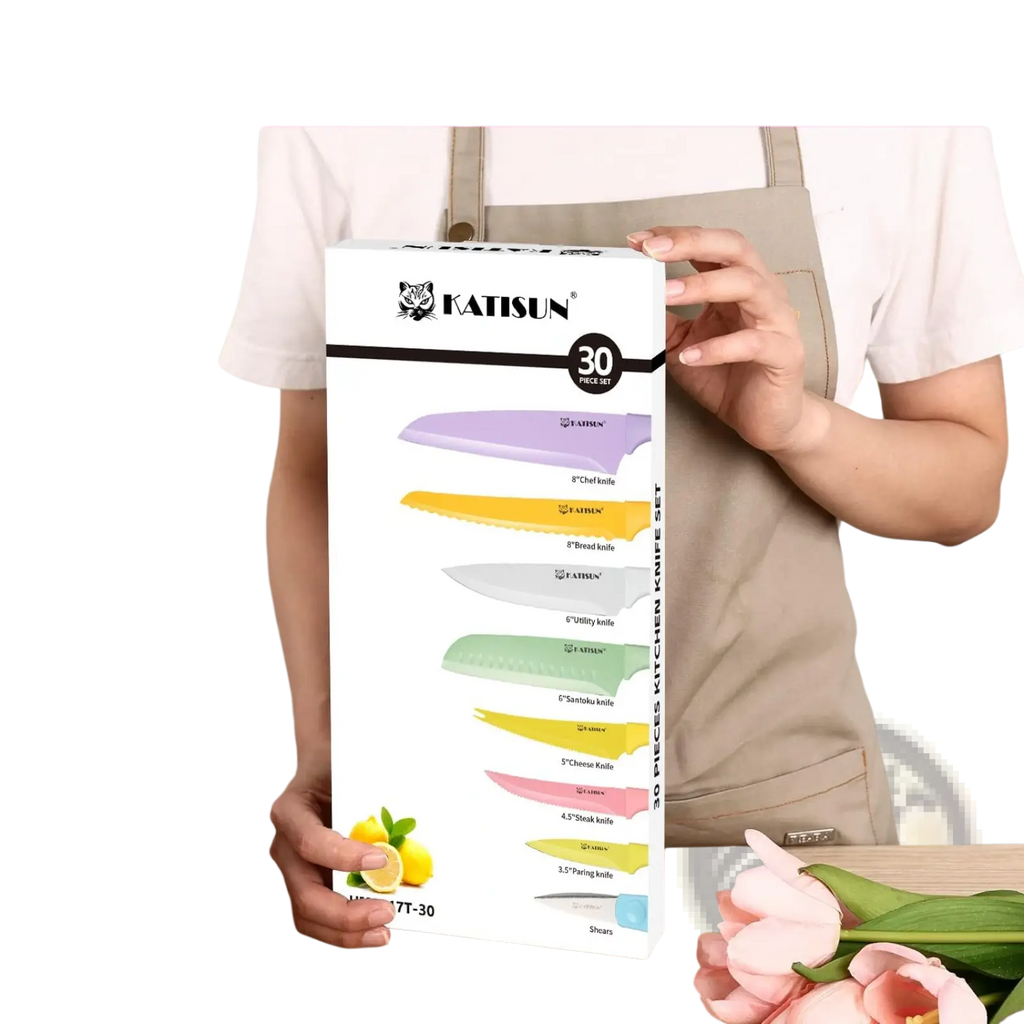 Katisun 30-piece colorful kitchen knife set with sleek stainless steel blades and included cutting board