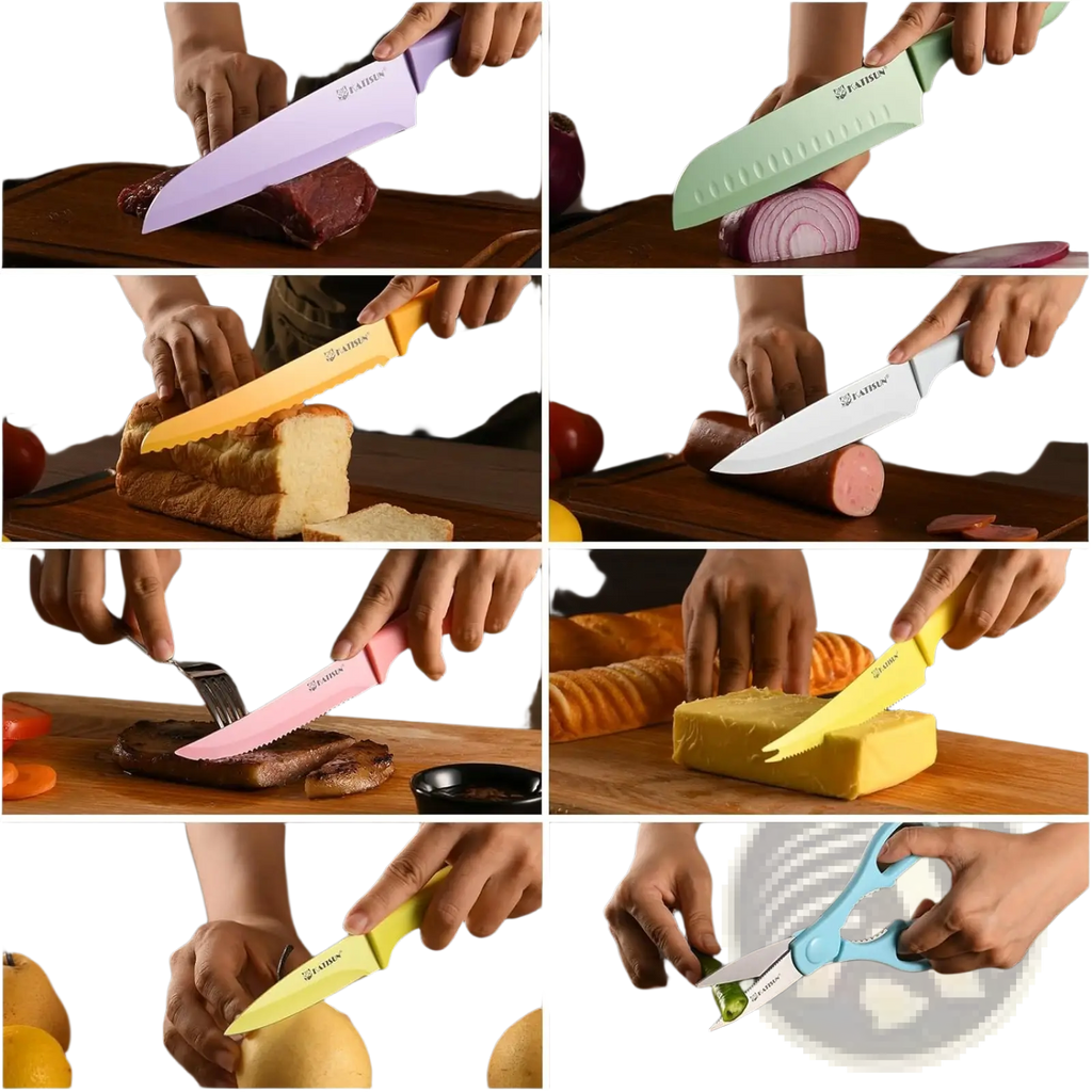 A 30 piece colorful kitchen knife set with vibrant purple green yellow and pink handles and stainless steel blades from sunmin