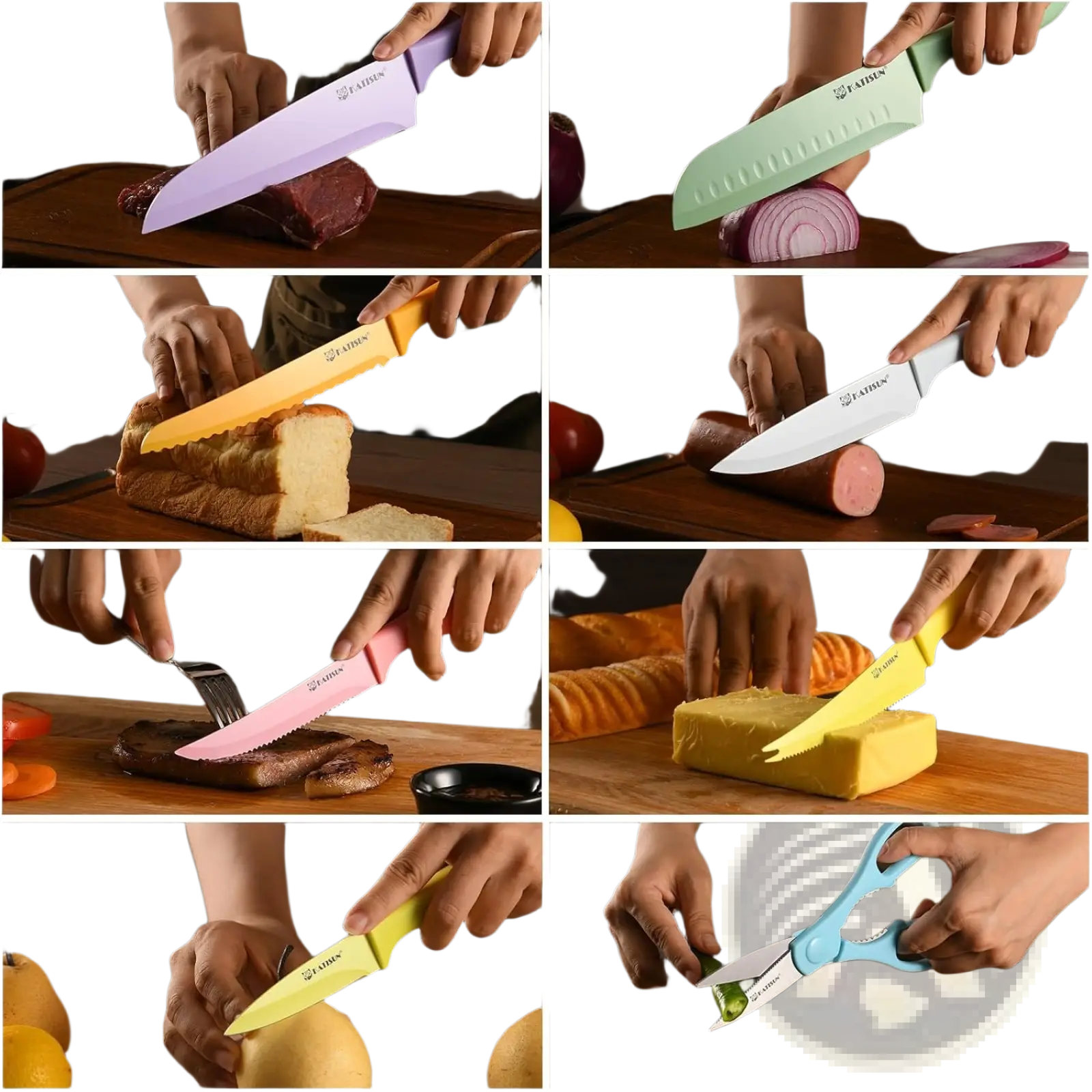 A 30 piece colorful kitchen knife set with vibrant purple green yellow and pink handles and stainless steel blades from sunmin