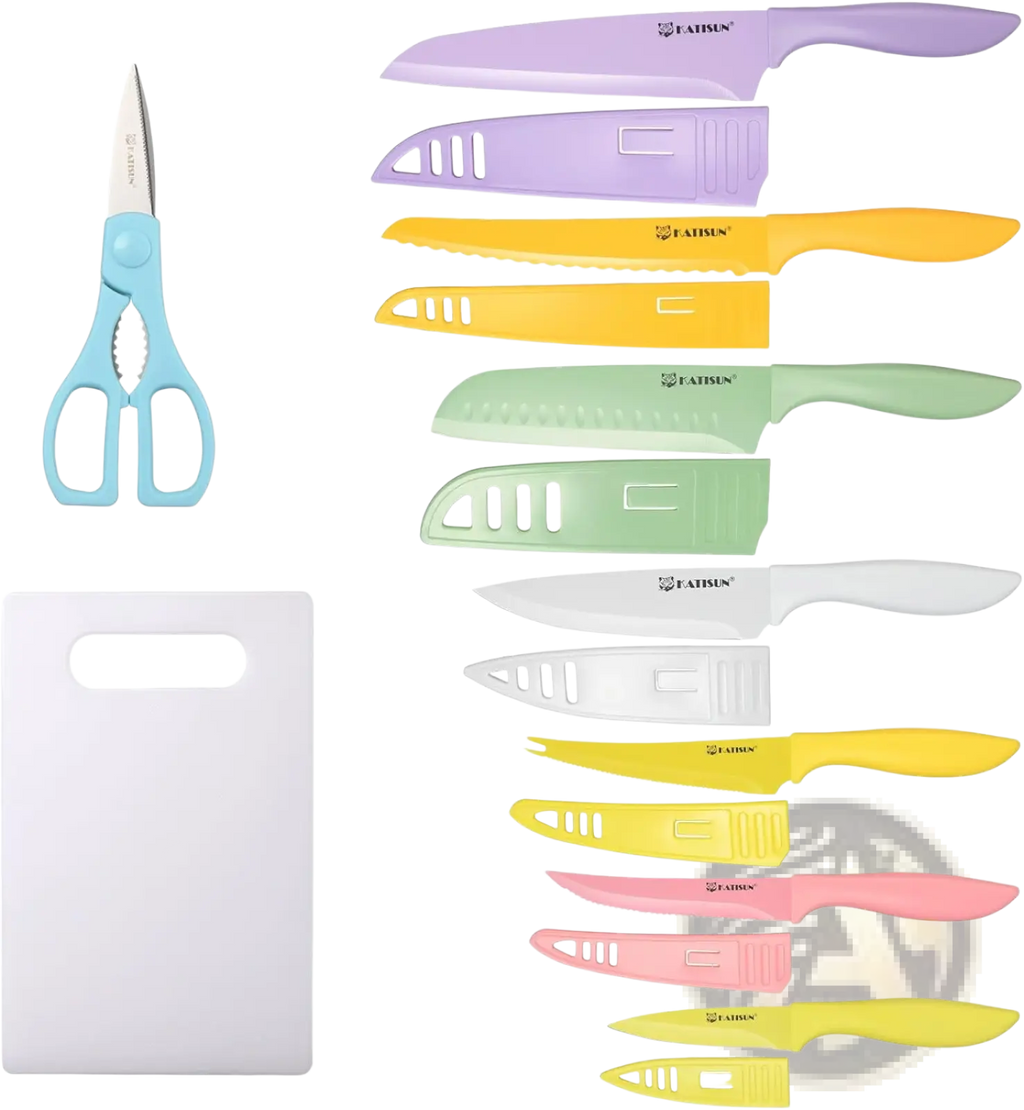 Pastel-colored ceramic knife set with matching protective sheaths and light blue faisun kitchen scissors