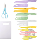 Pastel-colored ceramic knife set with matching protective sheaths and light blue faisun kitchen scissors