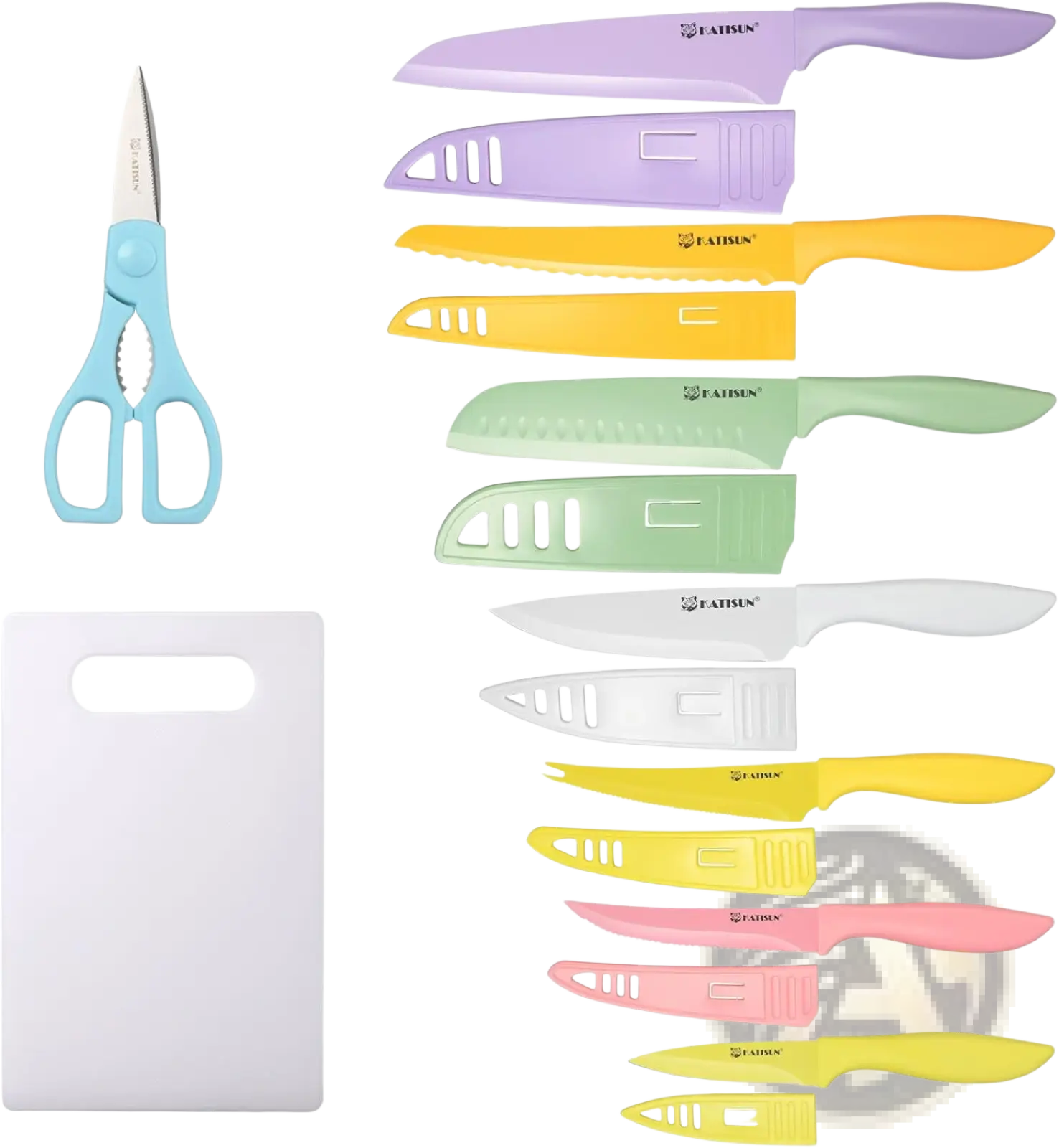 Pastel-colored ceramic knife set with matching protective sheaths and light blue faisun kitchen scissors