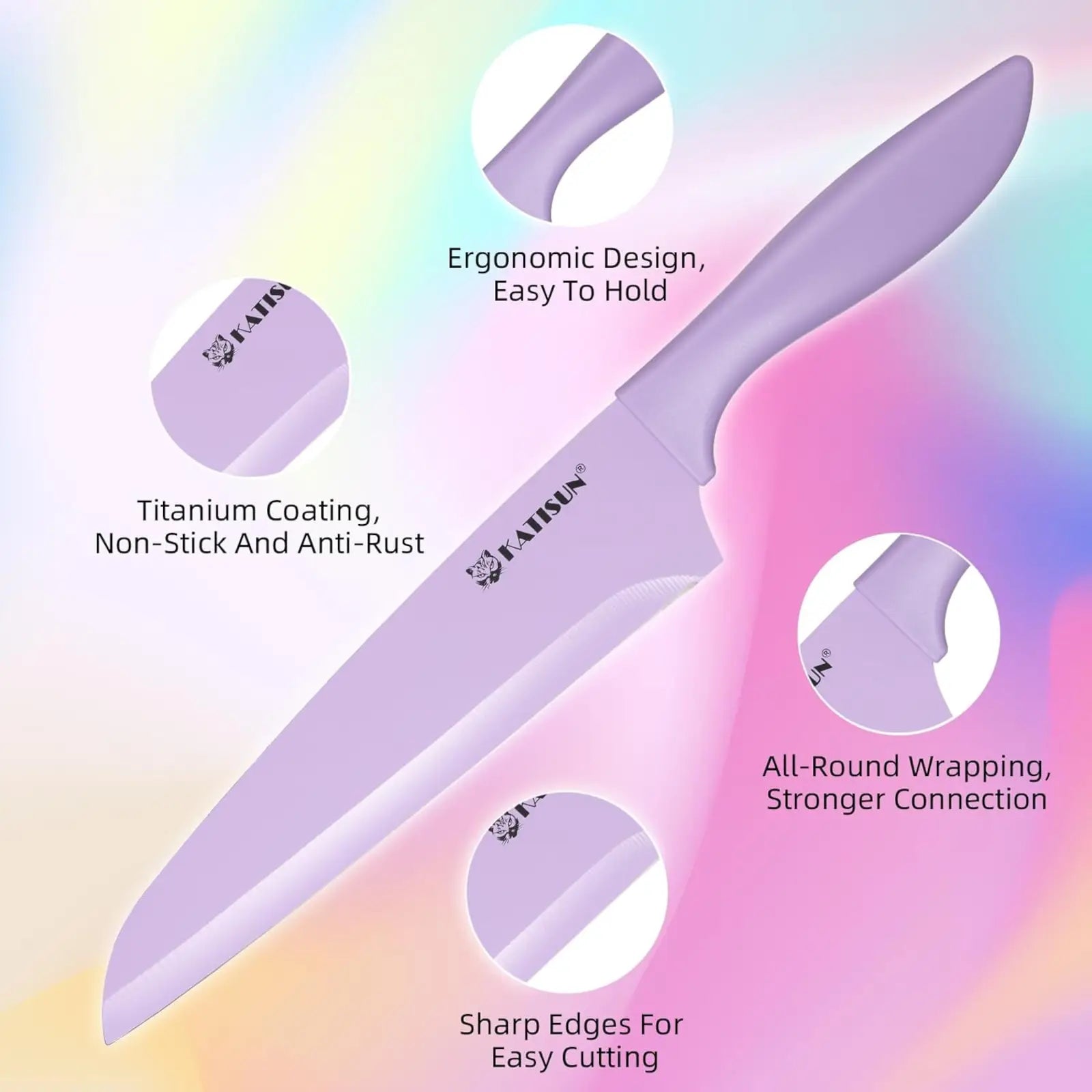 Lavender kaisun chef’s knife with titanium-coated blade and ergonomic handle from 30 piece colorful knife set with cutting board