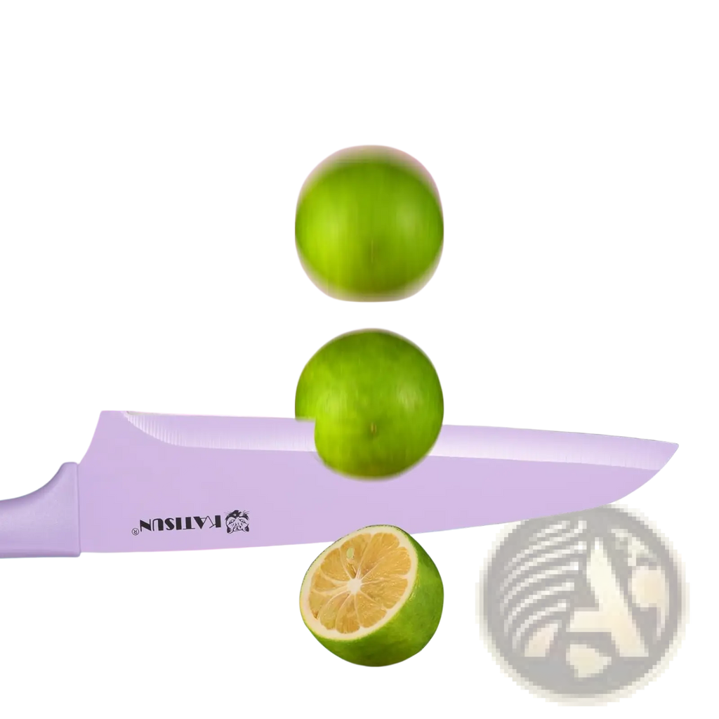 A sleek lavender katsun kitchen knife with a super sharp blade included in a 30 piece colorful set with cutting board