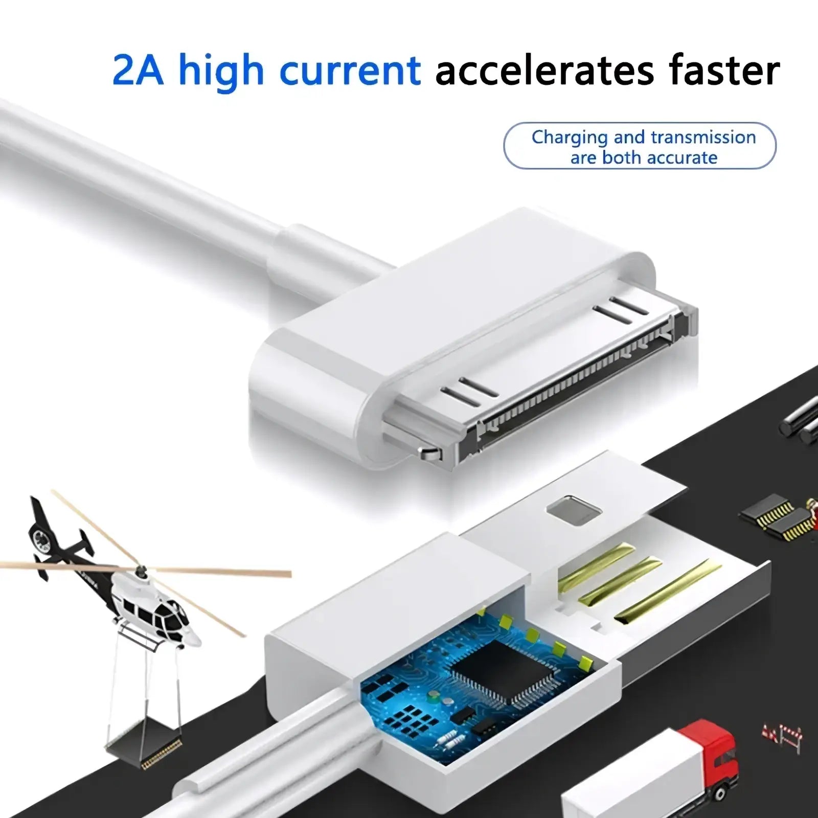 White 30 pin usb charging cable for iphone 4 ipad ipod with metallic connector showing internal circuitry
