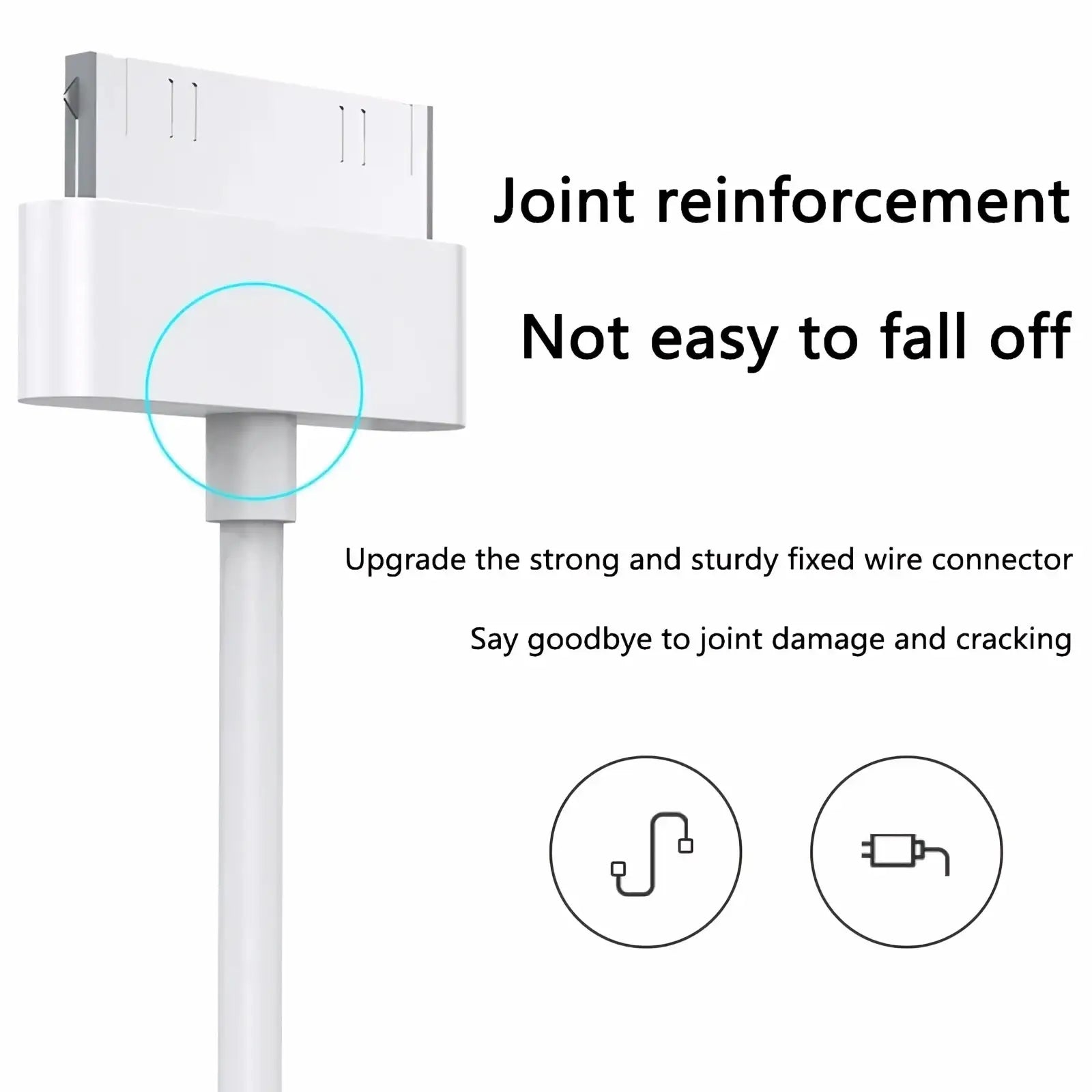 White 30 pin usb charging cable for iphone 4 ipad ipod with reinforced joint design for durability