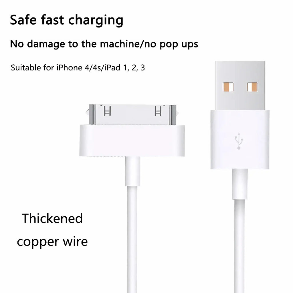 White 30 pin USB charging cable for iPhone 4 iPad iPod with thickened copper wire for enhanced durability