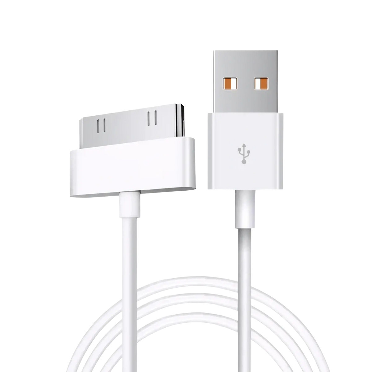 White 30 pin USB charging cable with metallic connectors for iPhone 4 iPad and iPod featuring a sleek minimalist design