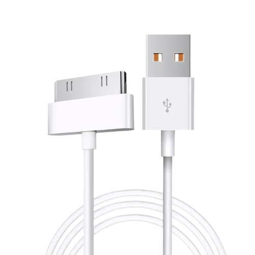 White 30 pin USB charging cable with metallic connectors for iPhone 4 iPad and iPod featuring a sleek minimalist design